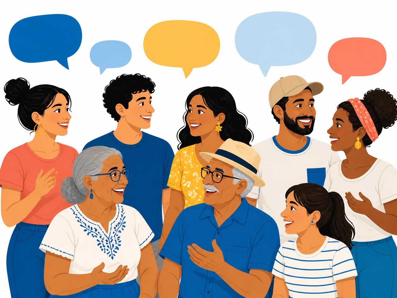 Personas de distintas edades conversan y comparten su opinión con globos de diálogo de colores